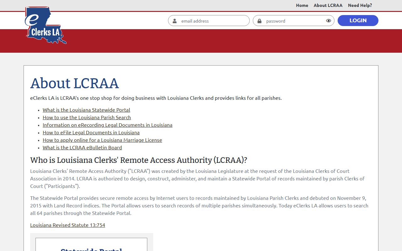 Sabine Parish court records LCRAA statewide portal authority