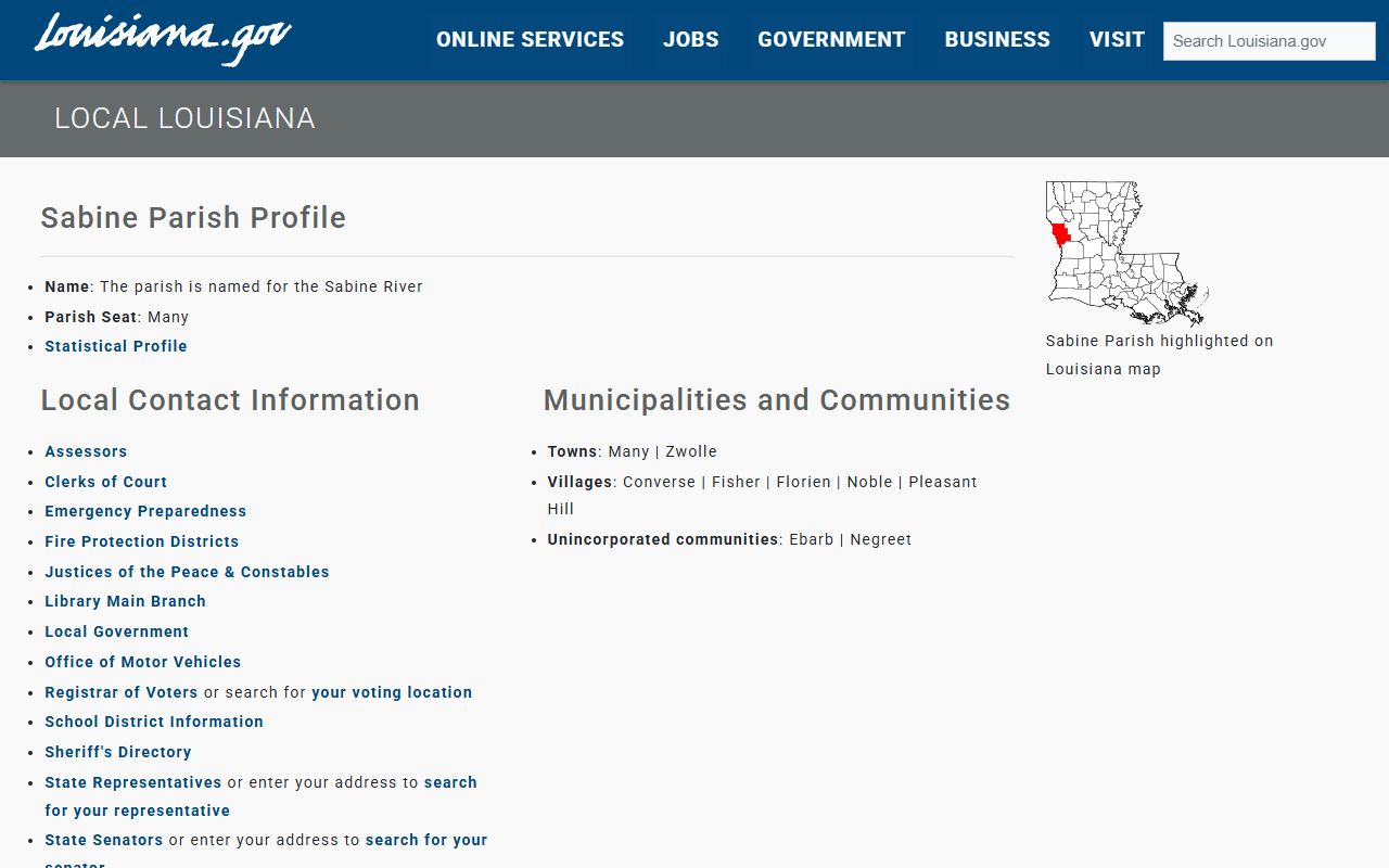 Sabine Parish court records Louisiana.gov local government page