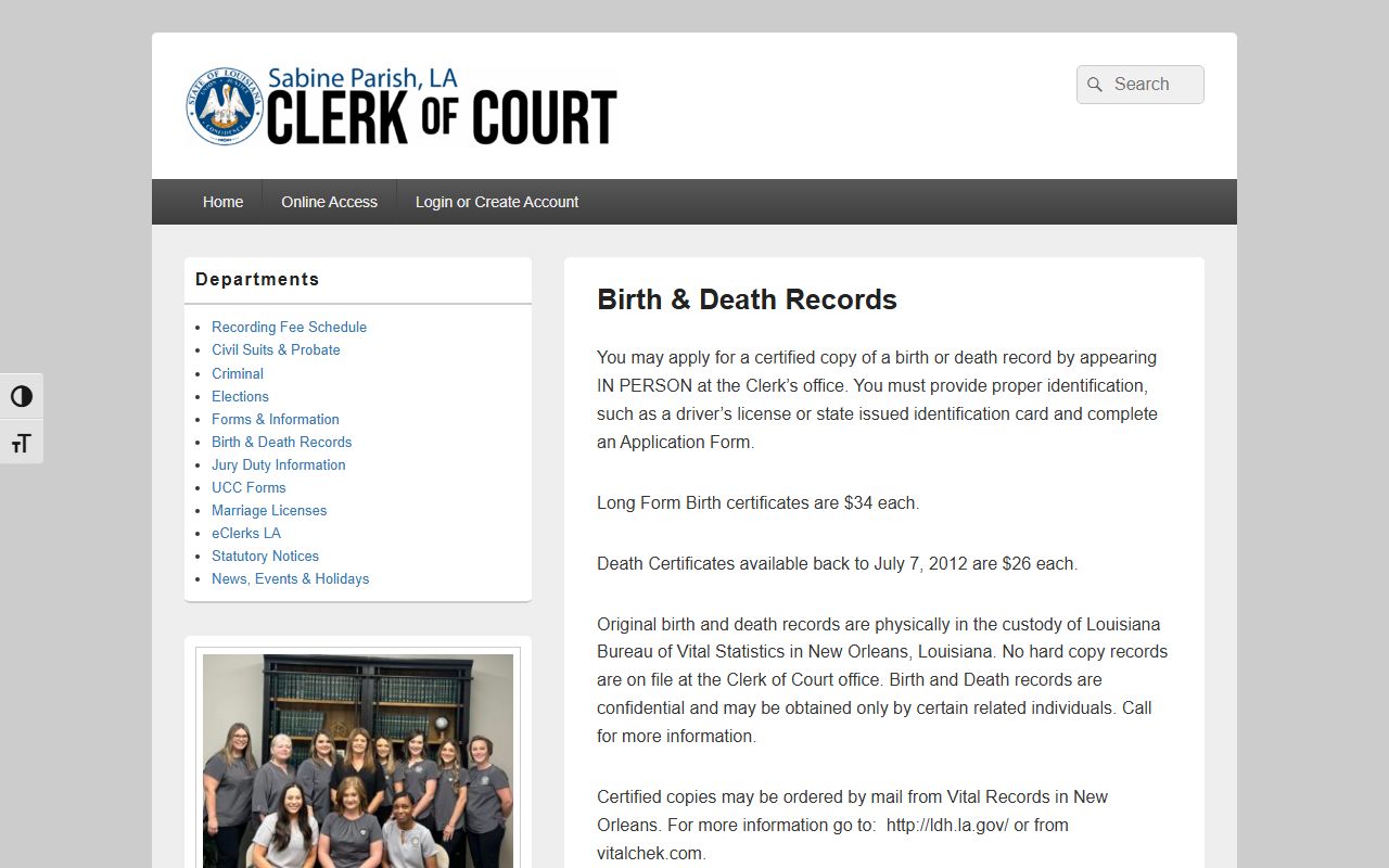 Sabine Parish Clerk of Court birth and death records information