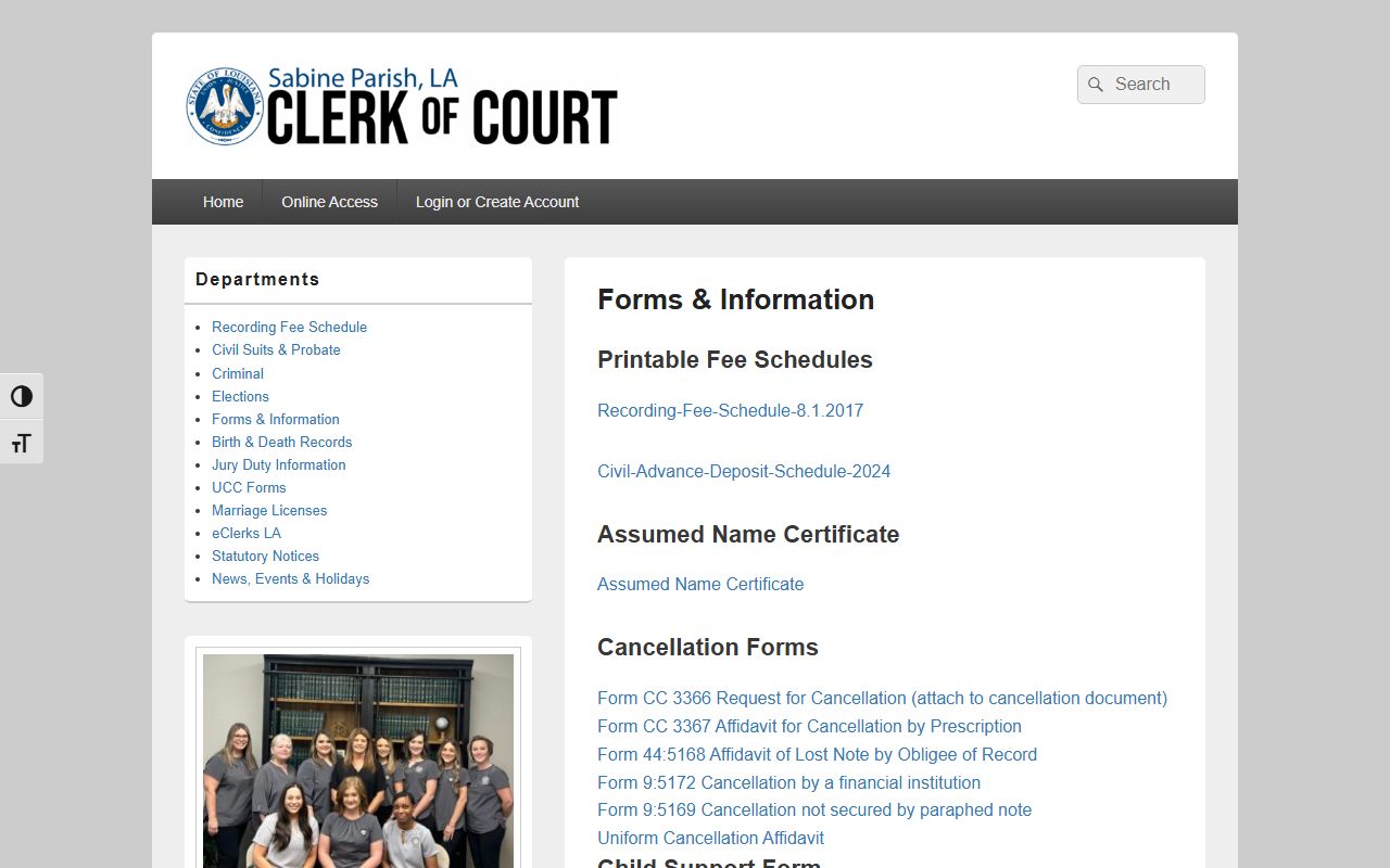 Sabine Parish Clerk of Court forms and fee schedule links