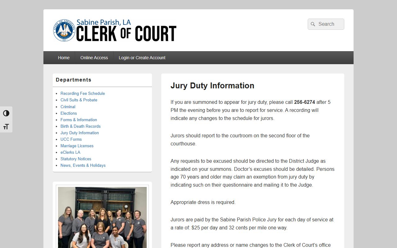 Sabine Parish Clerk of Court jury information page