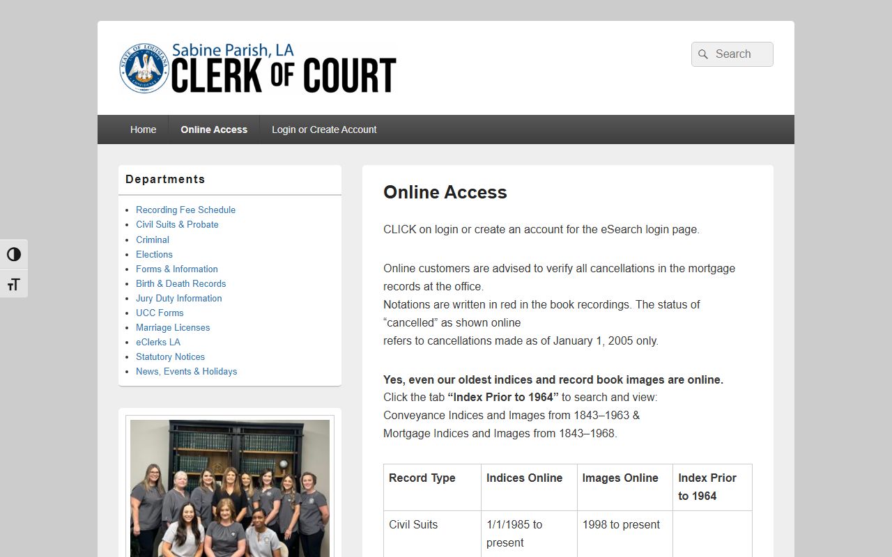 Sabine Parish Clerk of Court online access coverage table