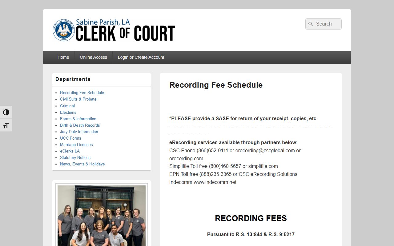 Sabine Parish Clerk of Court recording and copy fee schedule
