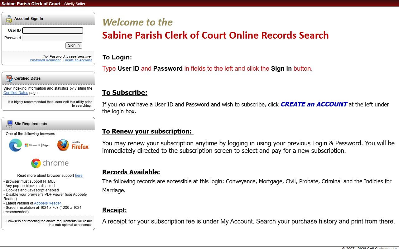 Sabine Parish Clerk of Court Cott eSearch login page
