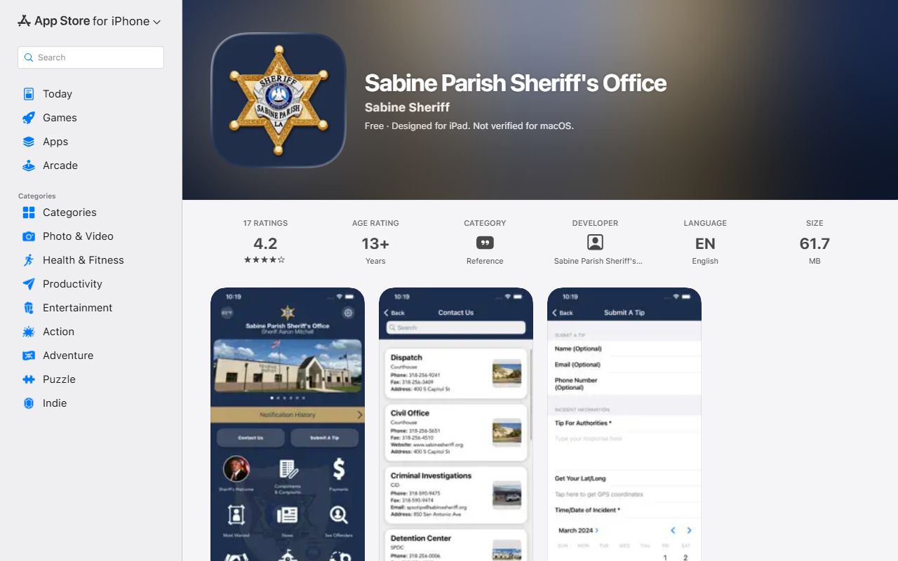 Sabine Parish inmate records sheriff Apple App Store listing