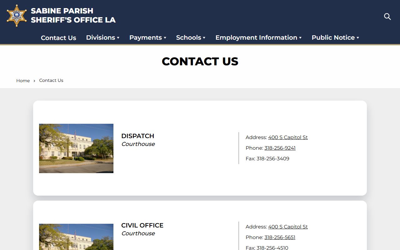 Sabine Parish inmate records sheriff contact page