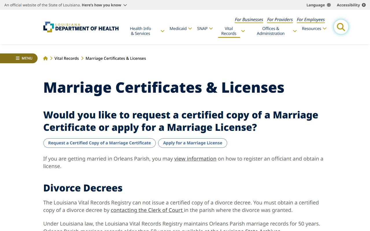 Sabine Parish marriage and divorce records Louisiana Department of Health guidance