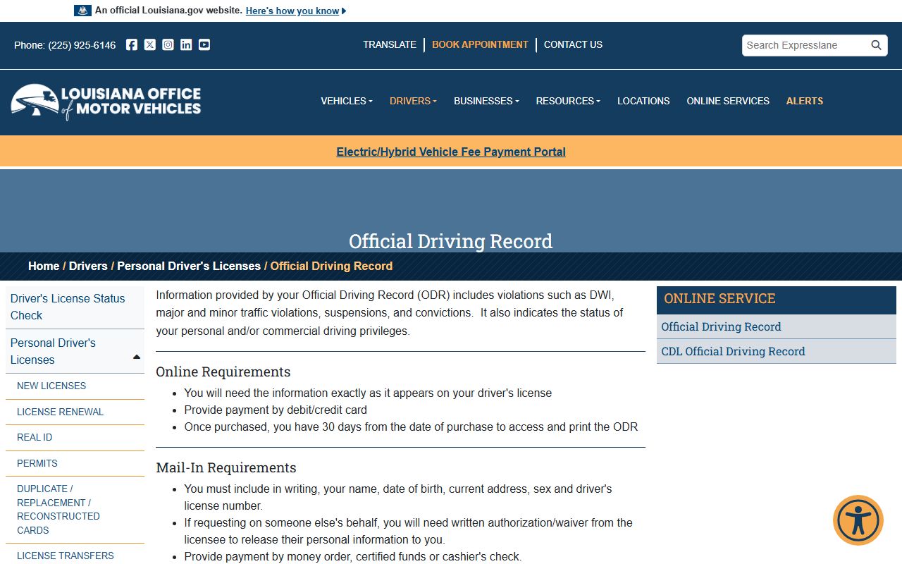 Sabine Parish traffic court records Louisiana OMV official driving record page